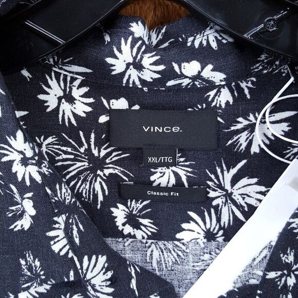 VINCE Shirt Mens XXL Black Floral Short Sleeve Pocket Button Up Linen Blend $225 - Picture 3 of 10